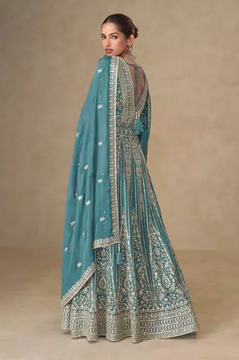 Sky embroidered chinon free size stitched anarkali suit