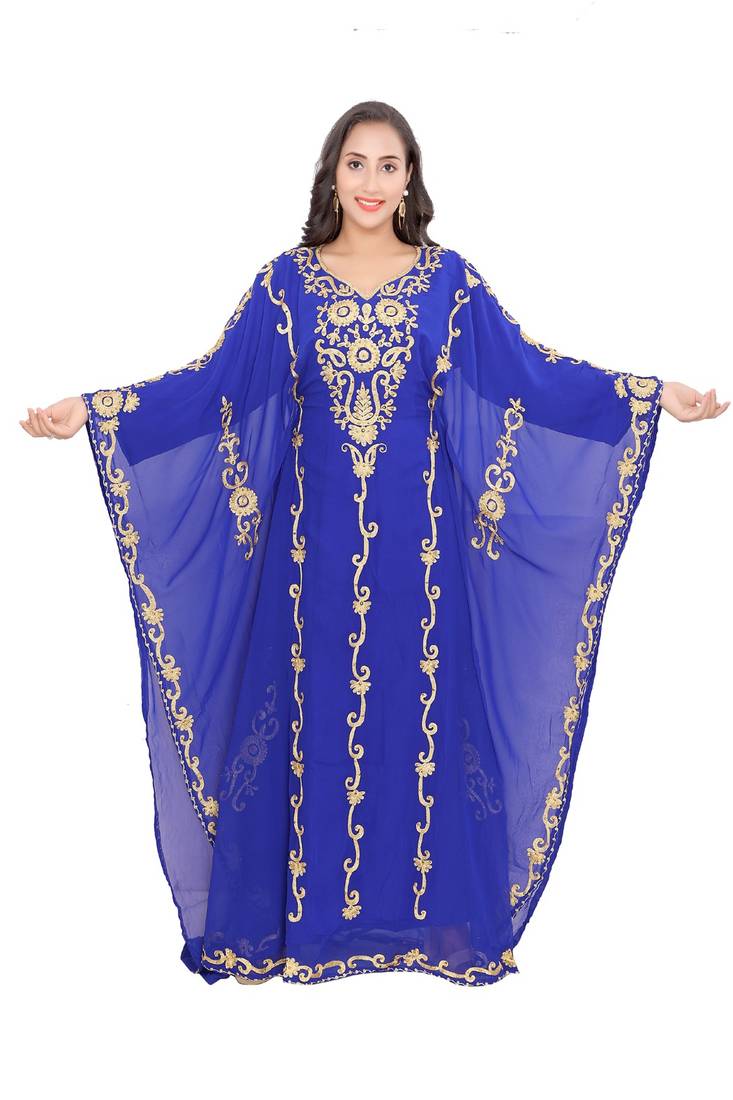 Luxurious Blue Kaftan With Gold Work Stitched Dress