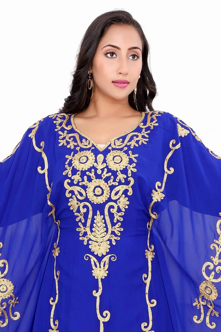 Luxurious Blue Kaftan With Gold Work Stitched Dress