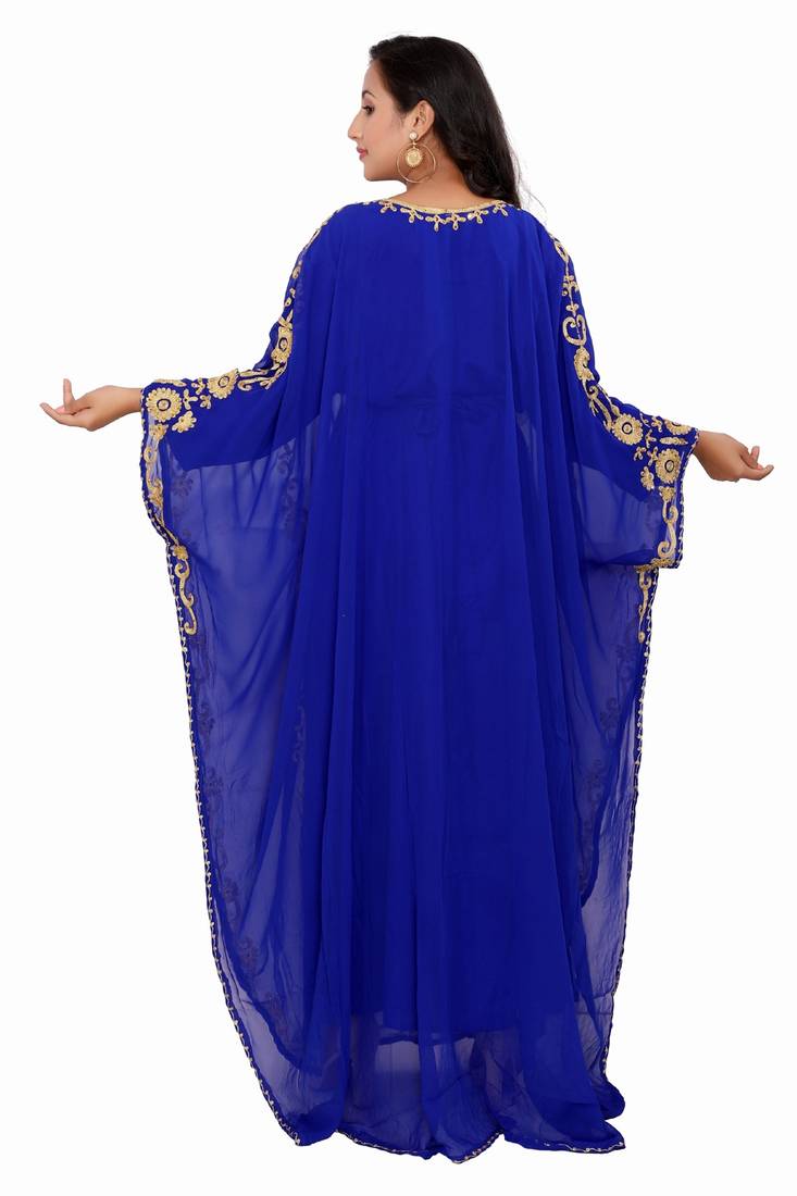 Luxurious Blue Kaftan With Gold Work Stitched Dress