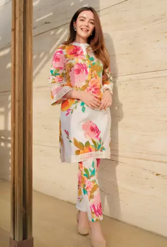 Cream color flower print party wear Cotton Co Ord Set
