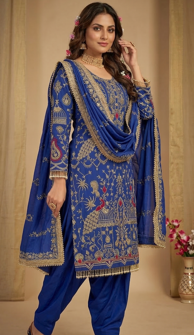 royal blue heavy embroidered patiala set