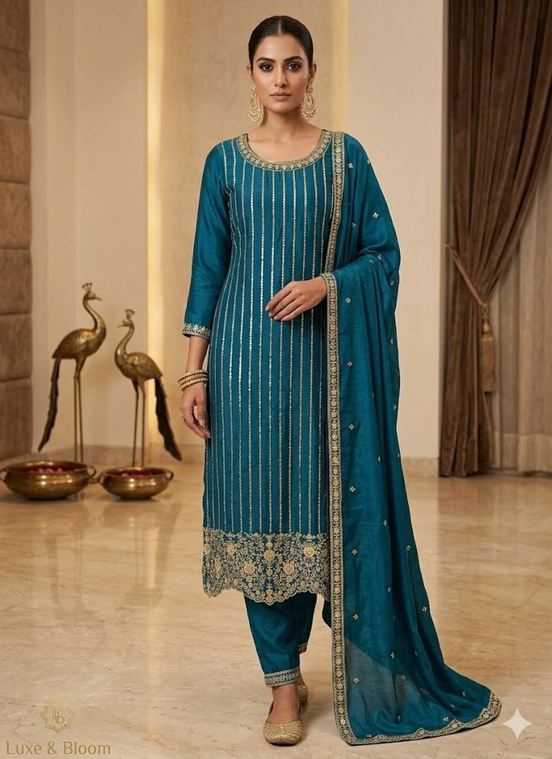 blue embroidered ethnic suit