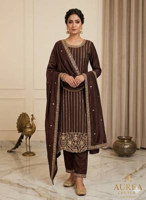 Brown embroidered straight suit set 1