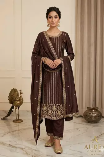 Brown embroidered straight suit set