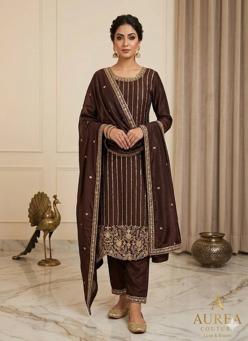 Brown embroidered straight suit set