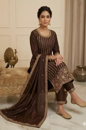 Brown embroidered straight suit set