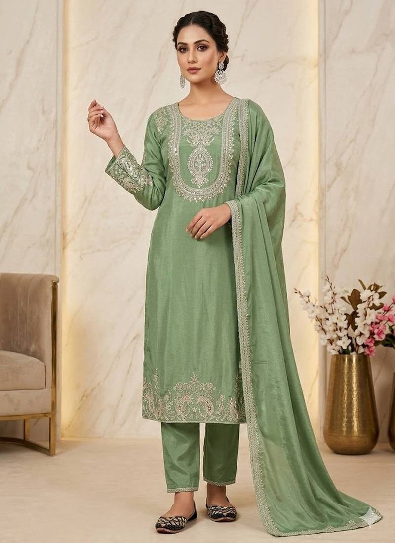 green designer embroidered kurta set
