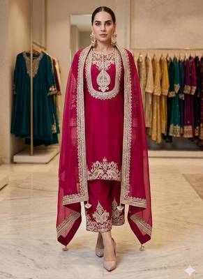 hot pink designer embroidered kurta set 1