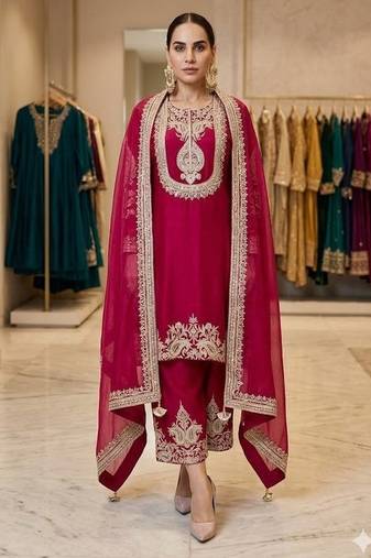 hot pink designer embroidered kurta set