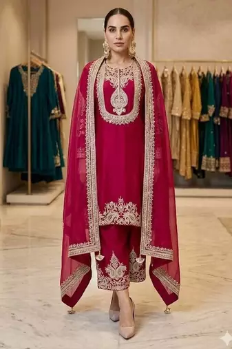 hot pink designer embroidered kurta set