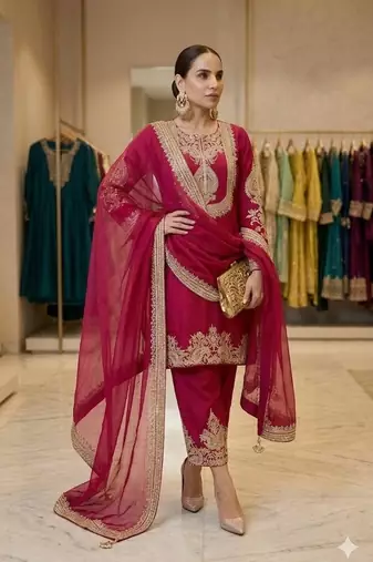 hot pink designer embroidered kurta set