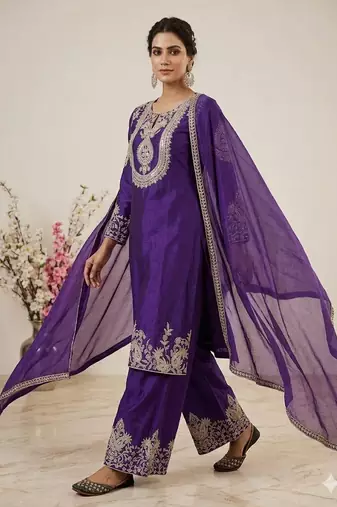 purple designer embroidered kurta set