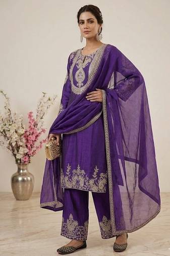 purple designer embroidered kurta set