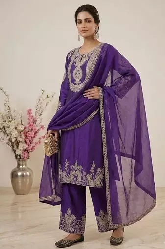 purple designer embroidered kurta set