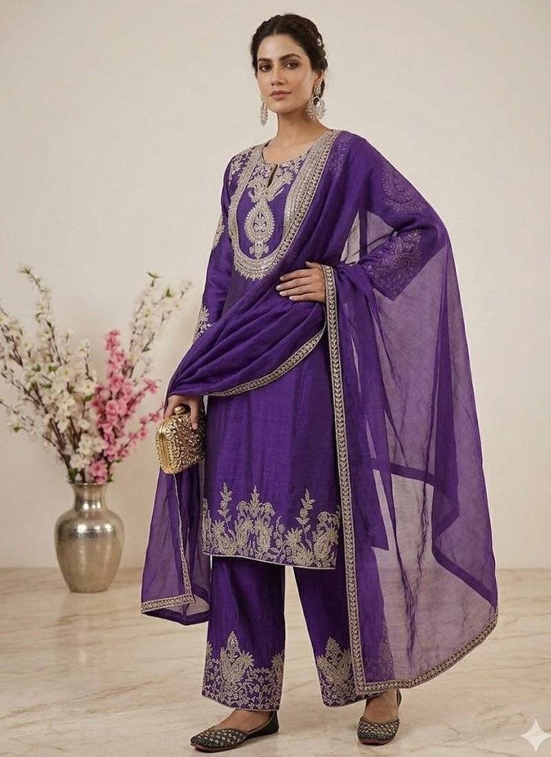 purple designer embroidered kurta set