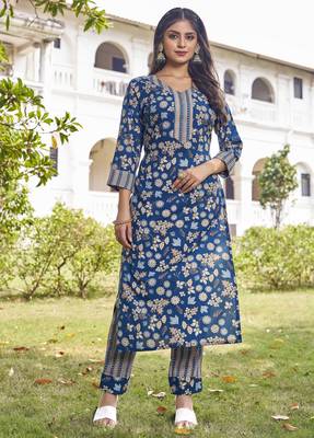 women   s turquoise blue floral printed straight kurta set 1