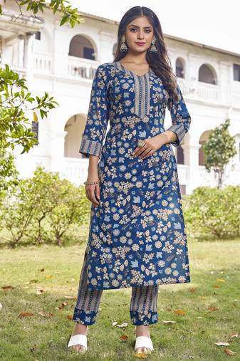 Women turquoise blue floral printed straight kurta set