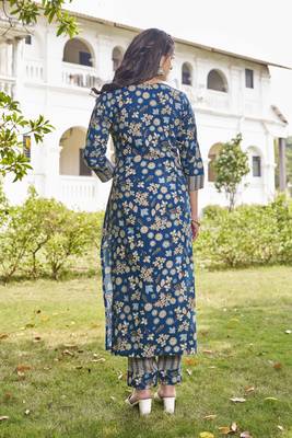 women   s turquoise blue floral printed straight kurta set 2