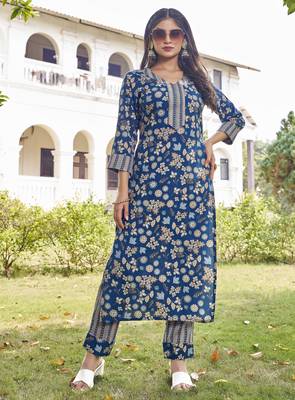 women   s turquoise blue floral printed straight kurta set 5