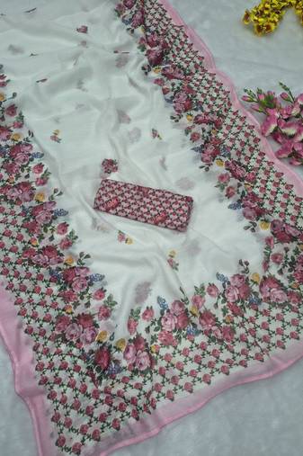 White Color Digital Print With Piping Work  Cotton Saree