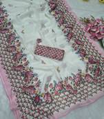 White Color Digital Print With Piping Work  Cotton Saree