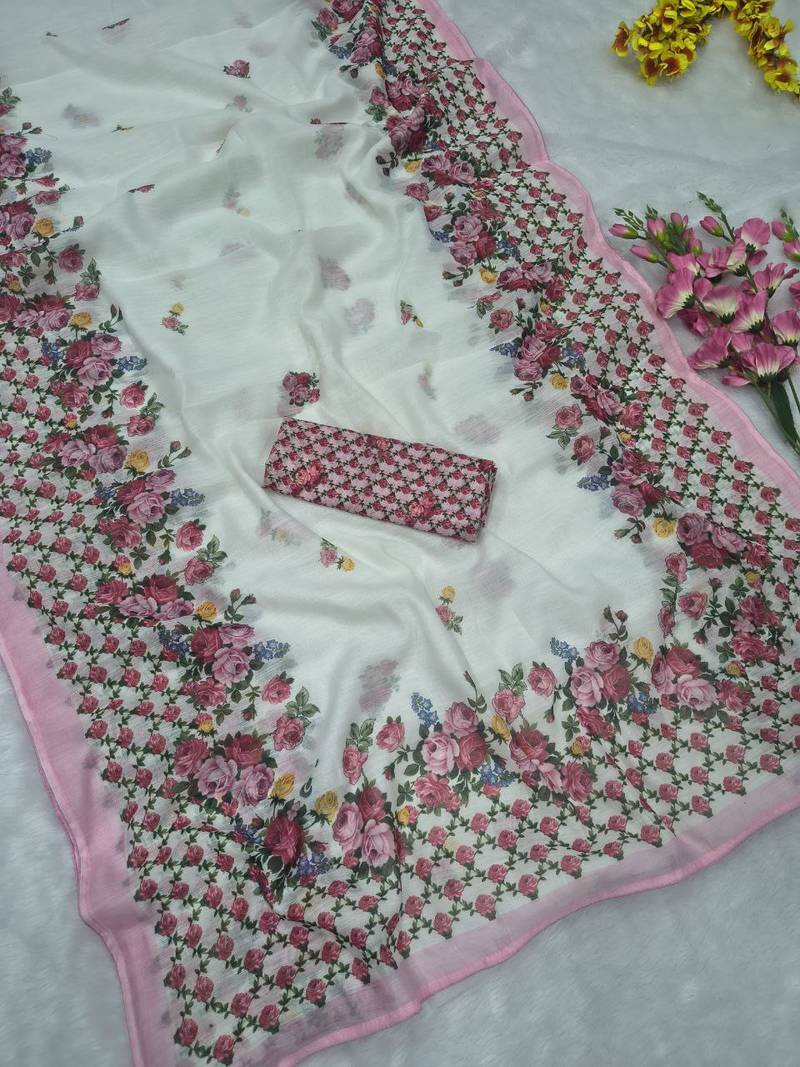 White Color Digital Print With Piping Work  Cotton Saree