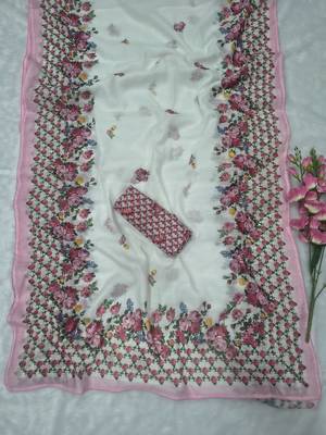 White Color Digital Print With Piping Work  Cotton Saree 2