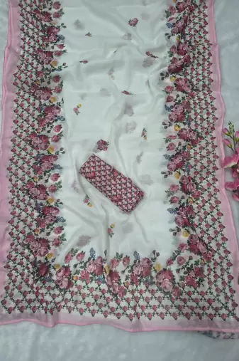 White Color Digital Print With Piping Work  Cotton Saree