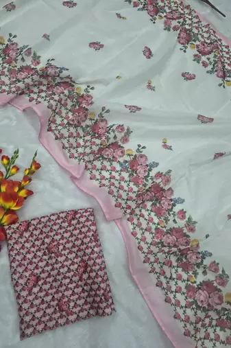 White Color Digital Print With Piping Work  Cotton Saree