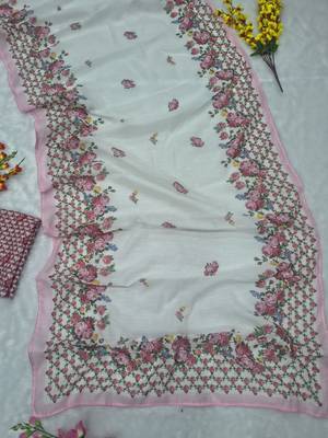 White Color Digital Print With Piping Work  Cotton Saree 4