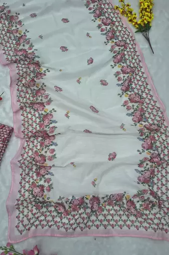 White Color Digital Print With Piping Work  Cotton Saree