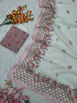 White Color Digital Print With Piping Work  Cotton Saree 5