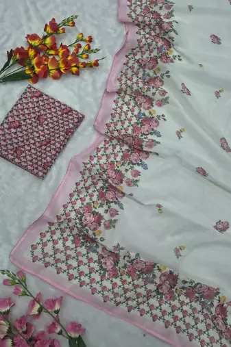 White Color Digital Print With Piping Work  Cotton Saree