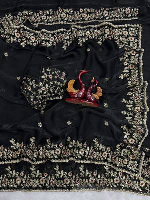 Black Color Sequence Embroidery Work Frendy Chiffon Saree 1