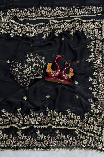 Black Color Sequence Embroidery Work Frendy Chiffon Saree