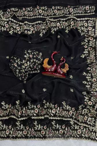 Black Color Sequence Embroidery Work Frendy Chiffon Saree