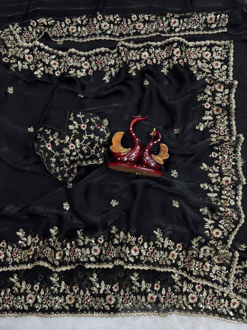 Black Color Sequence Embroidery Work Frendy Chiffon Saree