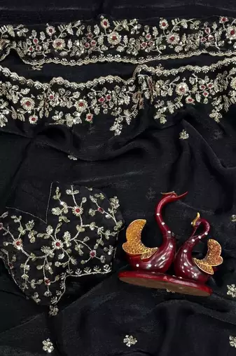 Black Color Sequence Embroidery Work Frendy Chiffon Saree