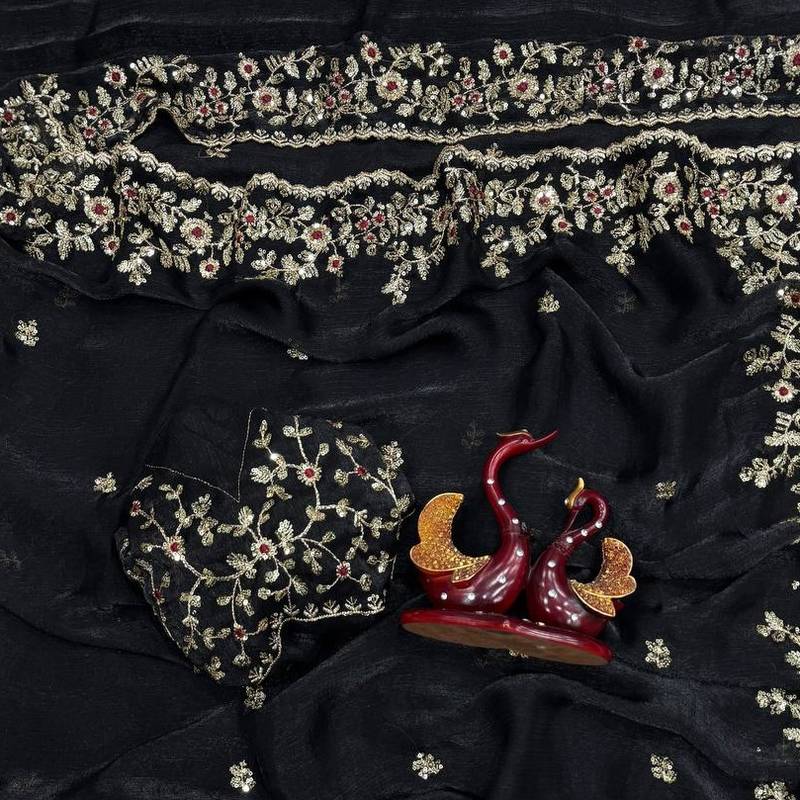 Black Color Sequence Embroidery Work Frendy Chiffon Saree