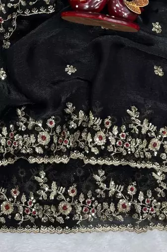 Black Color Sequence Embroidery Work Frendy Chiffon Saree