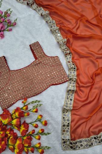Orange Color Embroidery Work And Sequins Work Rangoli Silk Saree