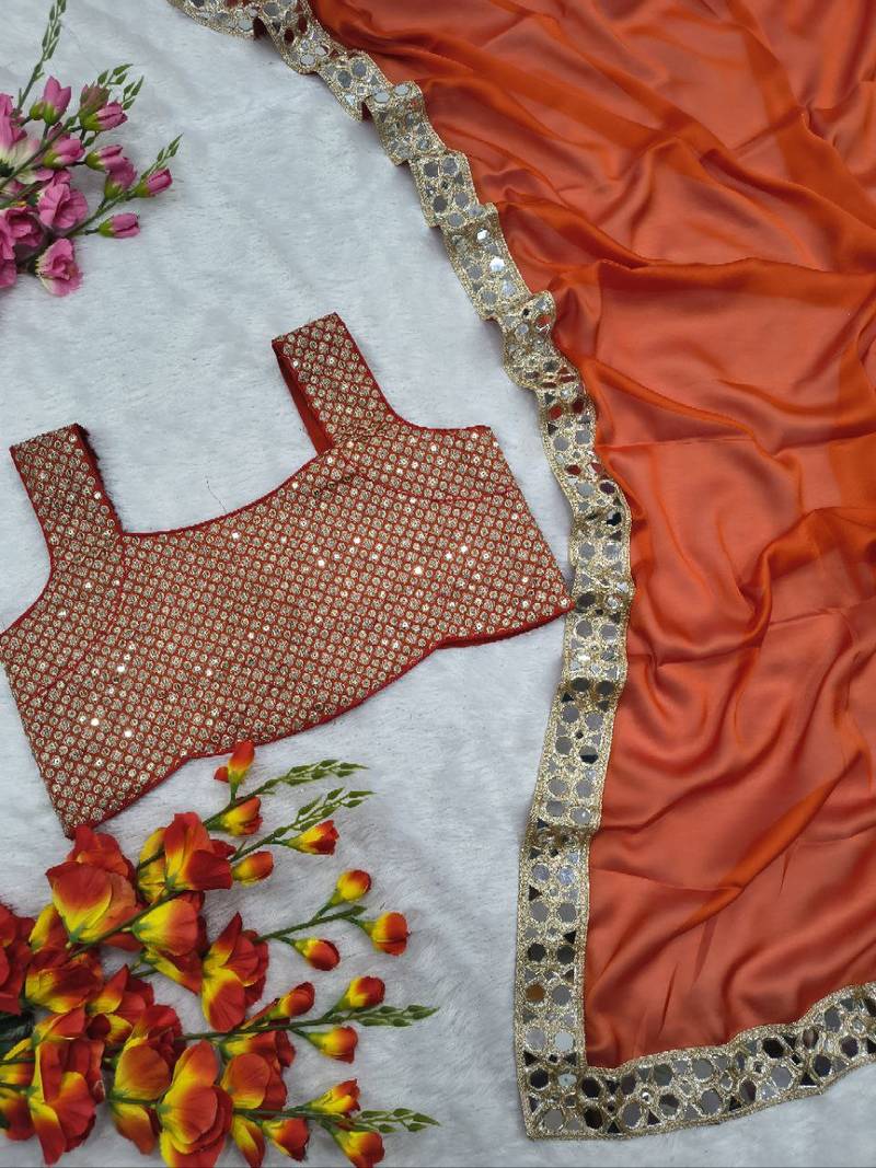 Orange Color Embroidery Work And Sequins Work Rangoli Silk Saree