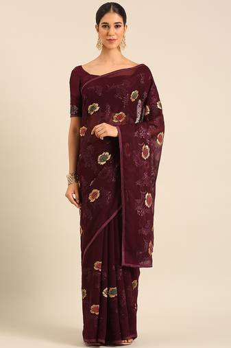 Purple chiffon swarovski work saree with matching blouse piece