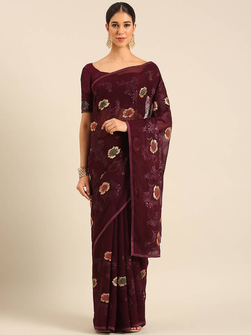 Purple chiffon swarovski work saree with matching blouse piece