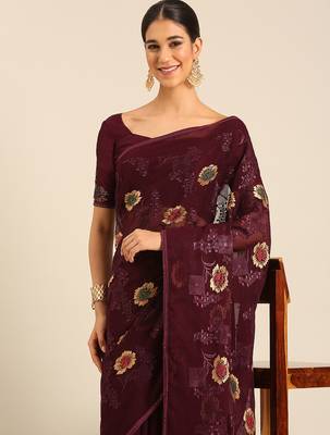 Purple chiffon swarovski work saree with matching blouse piece 2