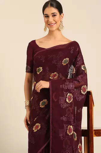 Purple chiffon swarovski work saree with matching blouse piece