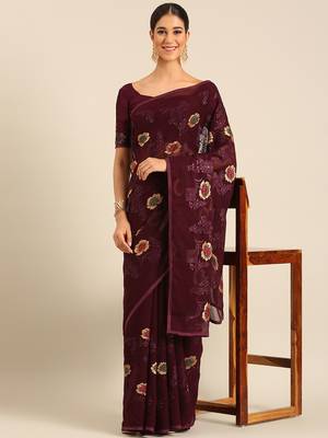 Purple chiffon swarovski work saree with matching blouse piece 3