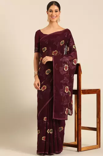 Purple chiffon swarovski work saree with matching blouse piece