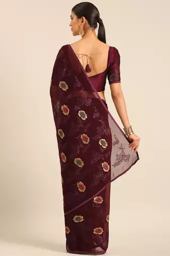 Purple chiffon swarovski work saree with matching blouse piece